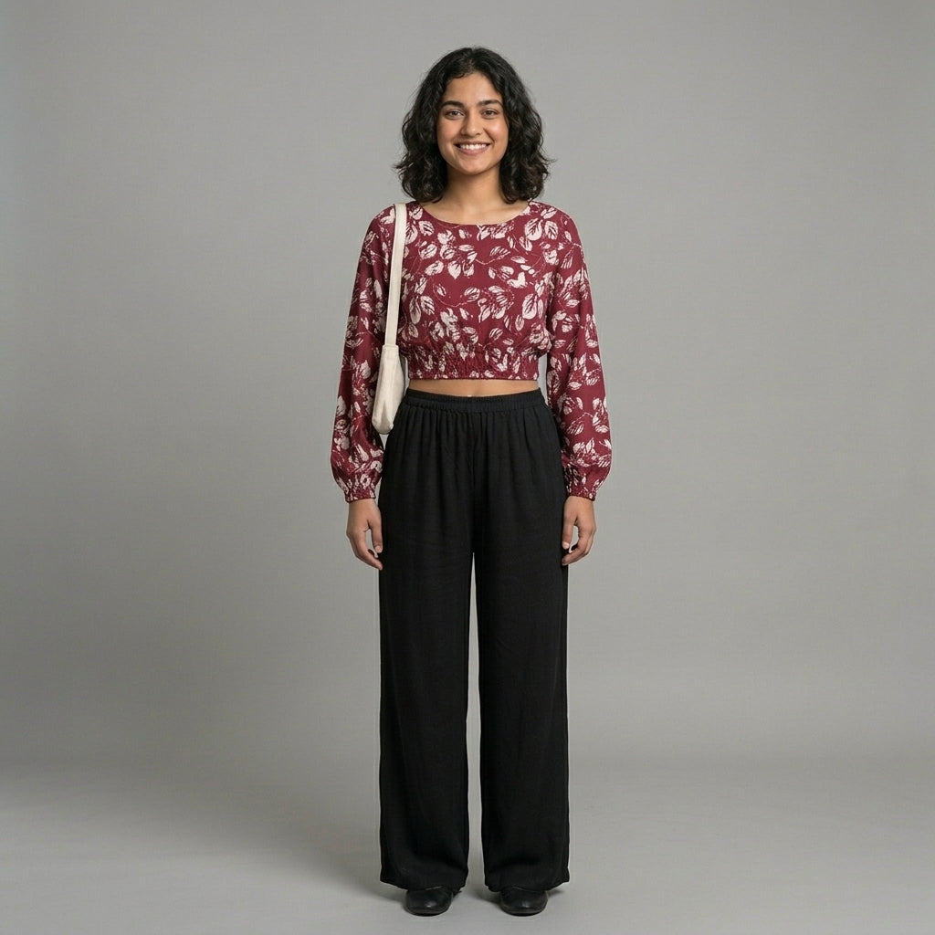 Gul-e-Jaipur Women Maroon Printed Cotton Crop Top | Full Sleeve Puff Crop Top