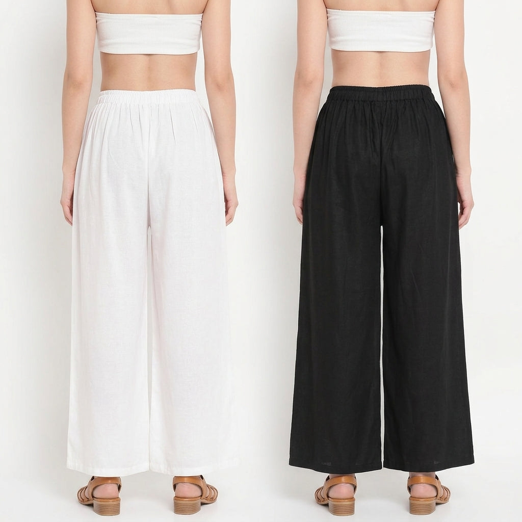 Classic Monochrome (Black & White) Women Pure Cotton Palazzo Combo | Solid Black & White Flared Palazzo Pants Set