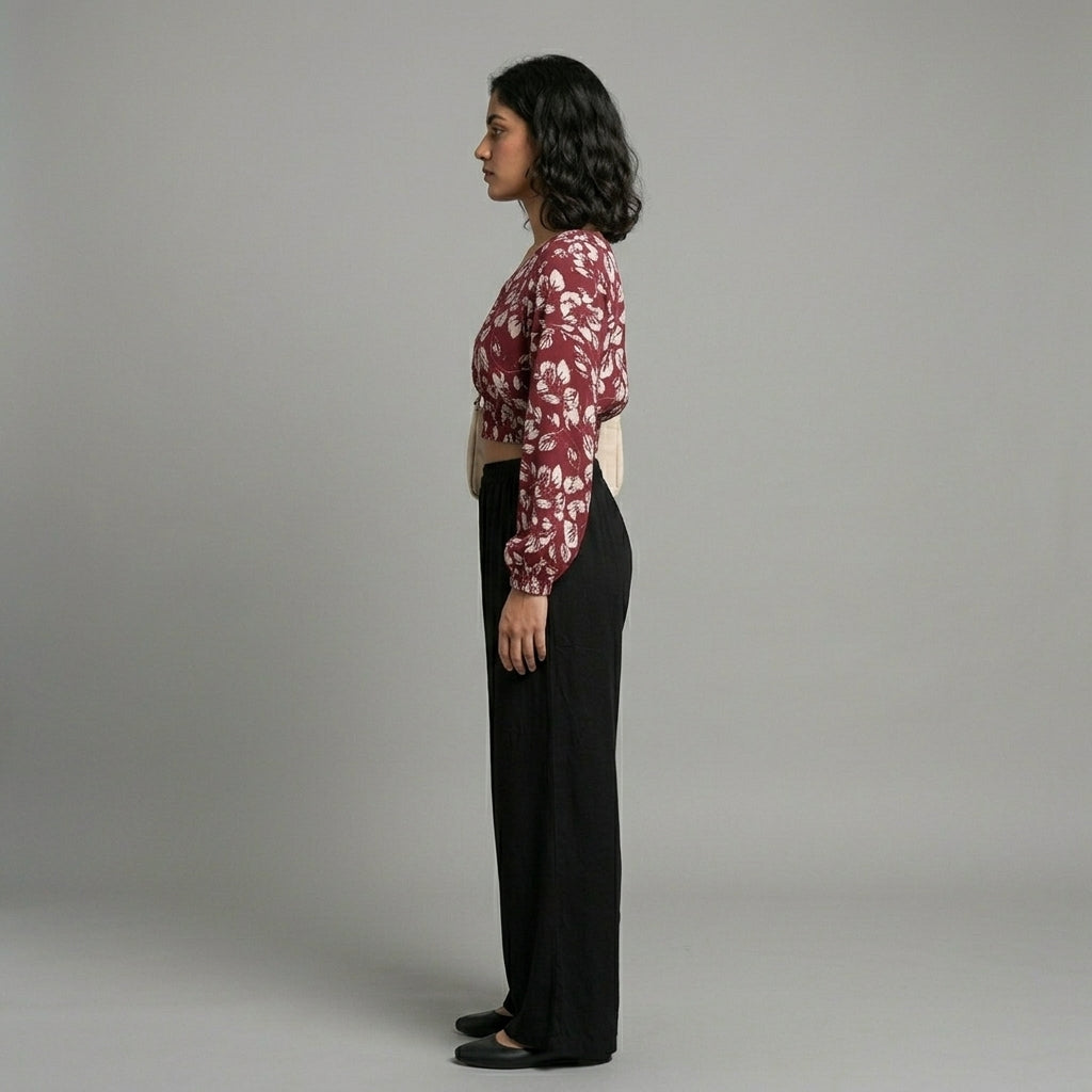 Gul-e-Jaipur Women Maroon Printed Cotton Crop Top | Full Sleeve Puff Crop Top