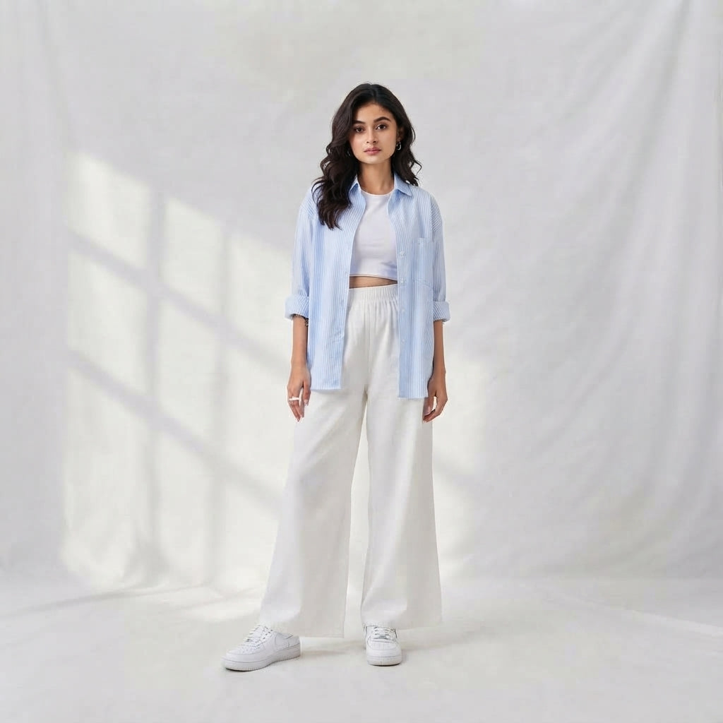 Soft Elegance (White & Beige) Women Pure Cotton Palazzo Combo | Solid White & Beige Flared Palazzo Pants Set