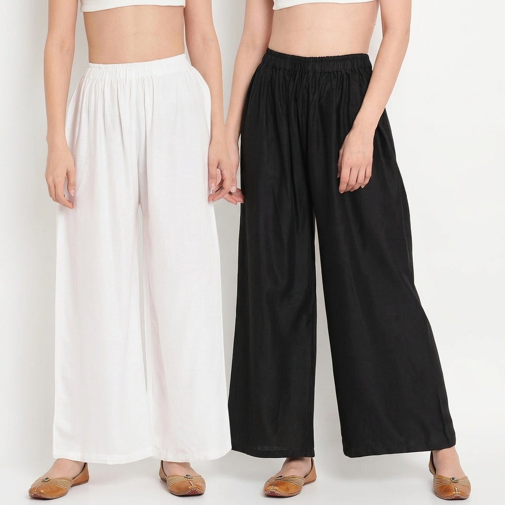 Classic Monochrome (Black & White) Women Pure Cotton Palazzo Combo | Solid Black & White Flared Palazzo Pants Set
