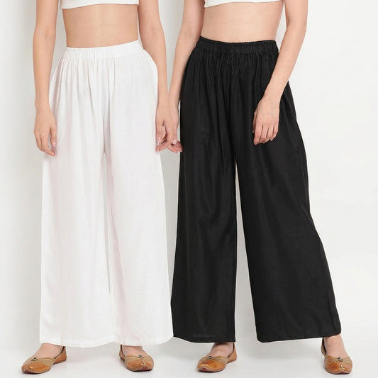 Classic Monochrome (Black & White) Women Pure Cotton Palazzo Combo | Solid Black & White Flared Palazzo Pants Set
