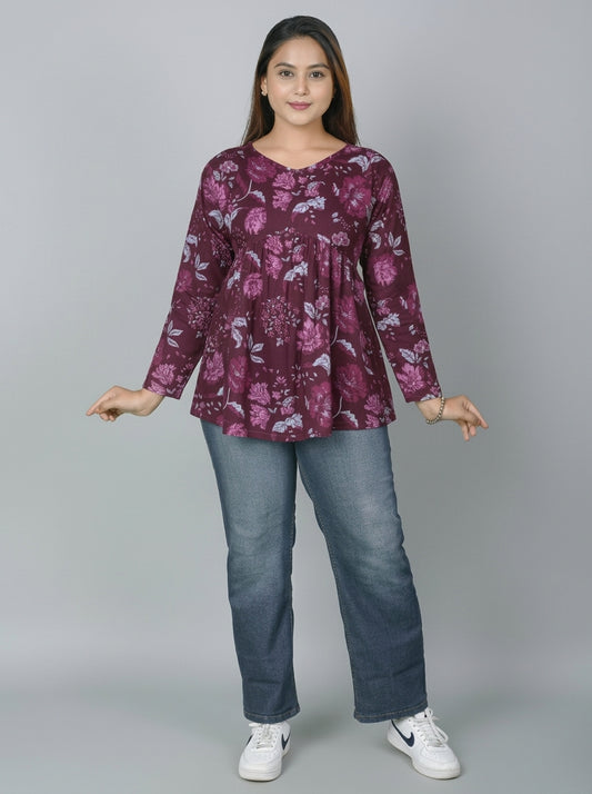 Shaam-e-Noor Women Wine & Purple Printed Cotton Tunic | Full Sleeve Flared Tunic Top