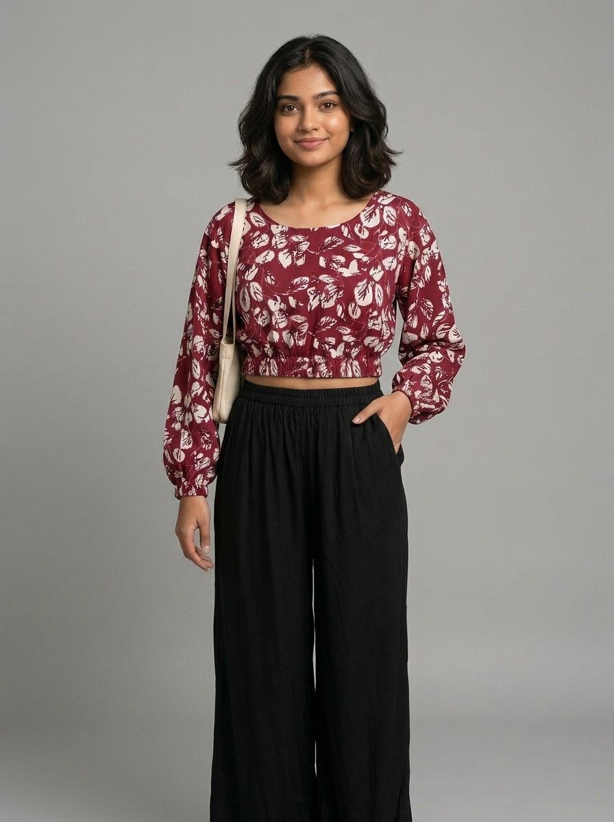 Gul-e-Jaipur Women Maroon Printed Cotton Crop Top | Full Sleeve Puff Crop Top