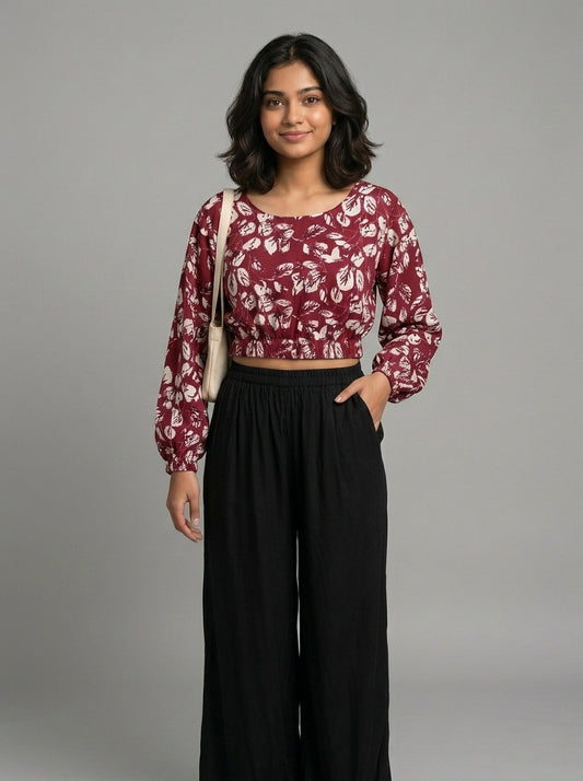 Gul-e-Jaipur Women Maroon Printed Cotton Crop Top | Full Sleeve Puff Crop Top