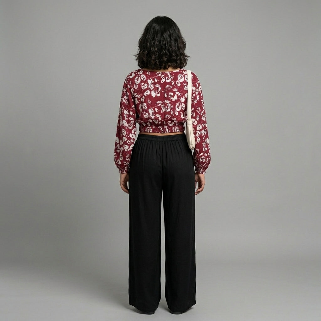 Gul-e-Jaipur Women Maroon Printed Cotton Crop Top | Full Sleeve Puff Crop Top