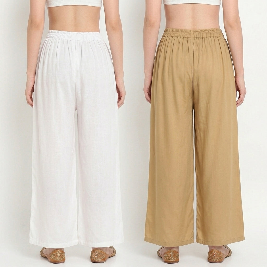 Soft Elegance (White & Beige) Women Pure Cotton Palazzo Combo | Solid White & Beige Flared Palazzo Pants Set