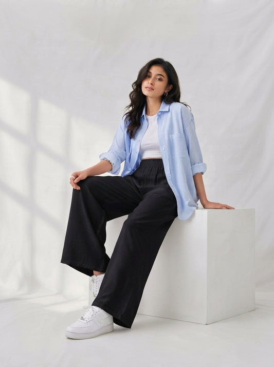 Women Black Wide-Leg Cotton Palazzo Pants | High-Waist Loose Fit Bottoms