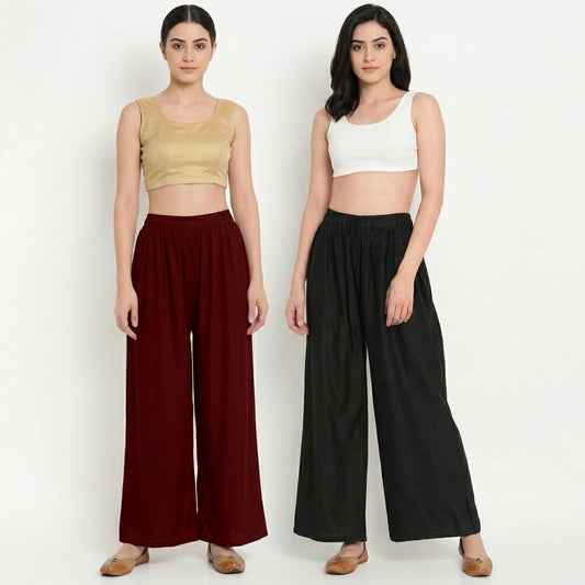 Royal Contrast (Black & Maroon) Women Pure Cotton Palazzo Combo | Solid Black & Maroon Flared Palazzo Pants Set