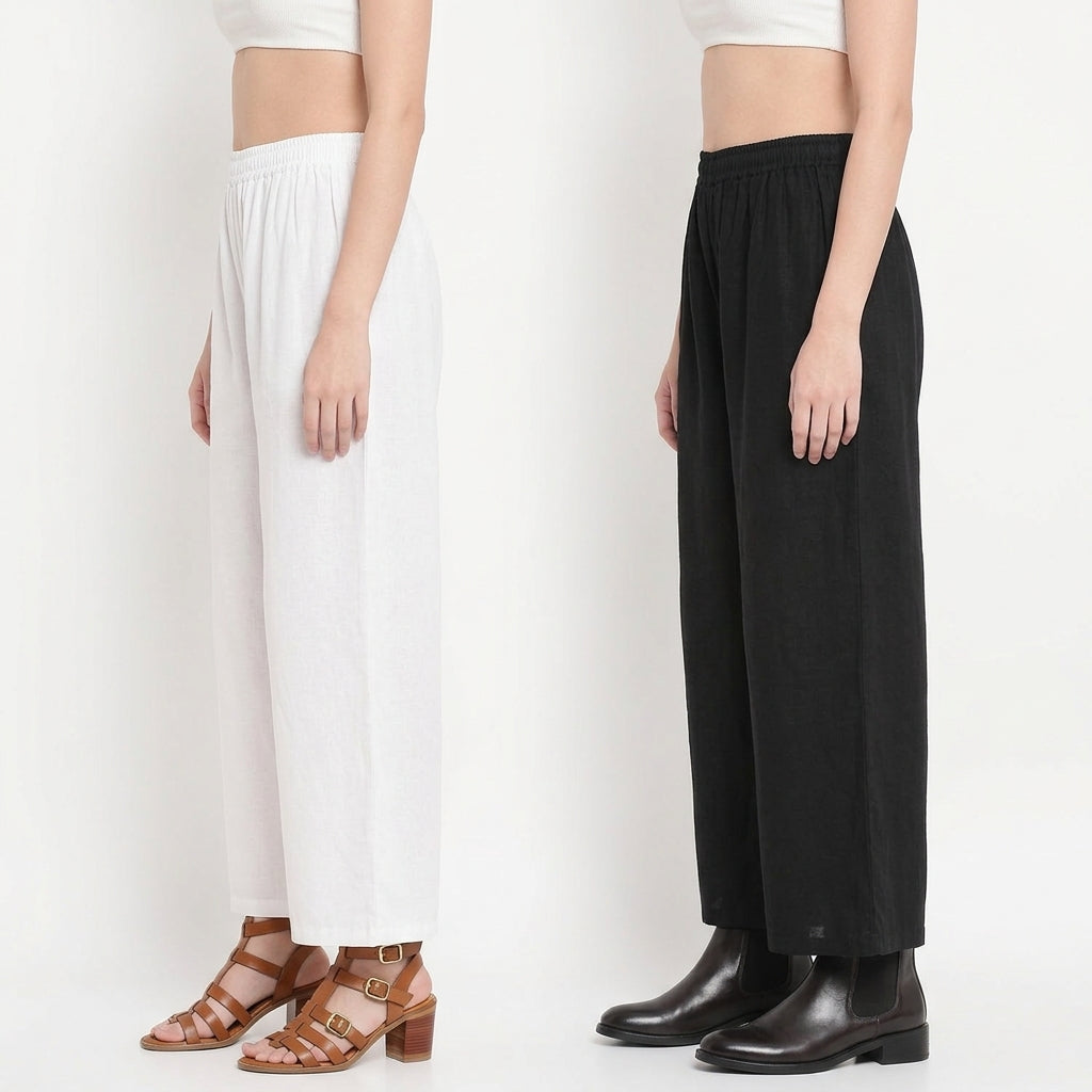 Classic Monochrome (Black & White) Women Pure Cotton Palazzo Combo | Solid Black & White Flared Palazzo Pants Set