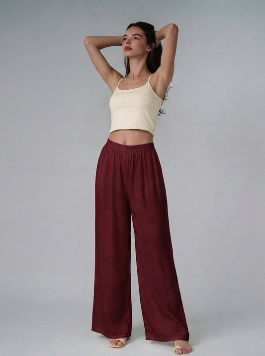 Women Maroon Wide-Leg Cotton Palazzo Pants | Premium High-Waist Loose Bottoms