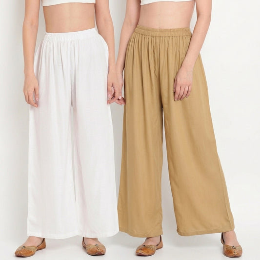 Soft Elegance (White & Beige) Women Pure Cotton Palazzo Combo | Solid White & Beige Flared Palazzo Pants Set