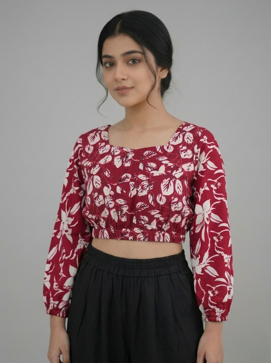Rang-E-Aarzoo Women Maroon Printed Cotton Crop Top | Full Sleeve Puff Crop Top