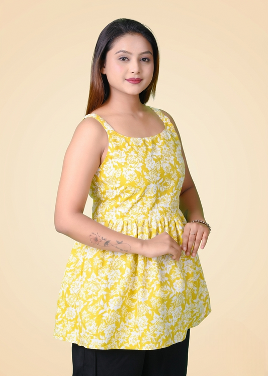 Noor-E-Afreen Women Yellow Printed Cotton Sleeveless Peplum Top | Floral Short Kurti Tunic