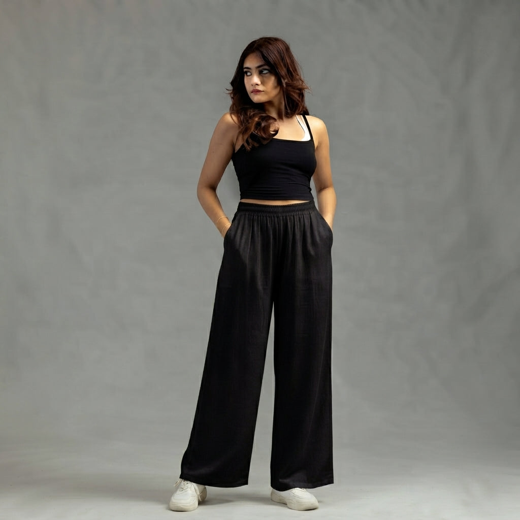 Classic Monochrome (Black & White) Women Pure Cotton Palazzo Combo | Solid Black & White Flared Palazzo Pants Set
