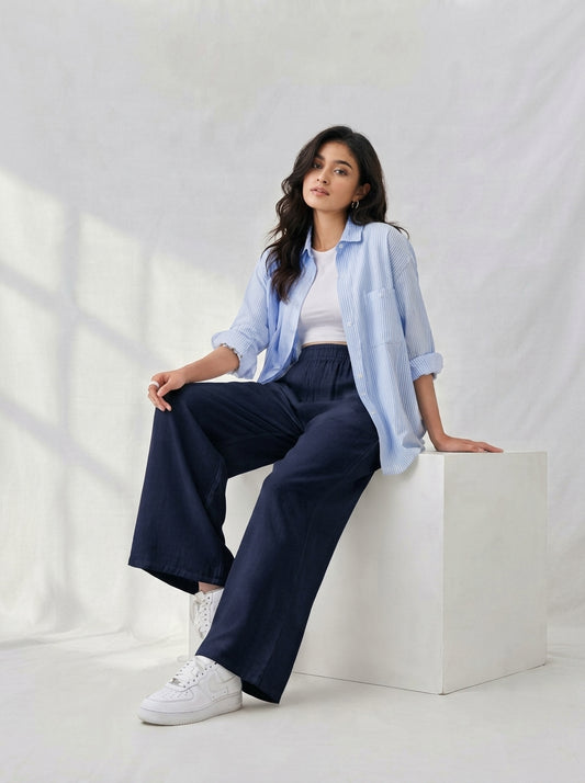 Women Navy Blue Wide-Leg Cotton Palazzo Pants | Premium High-Waist Loose Bottoms