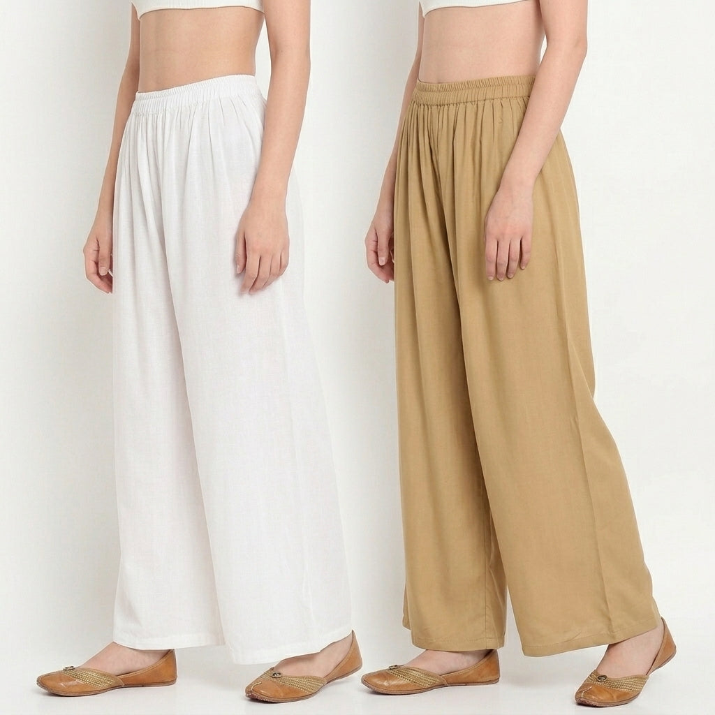 Soft Elegance (White & Beige) Women Pure Cotton Palazzo Combo | Solid White & Beige Flared Palazzo Pants Set