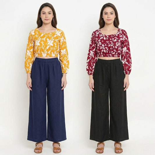 Midnight Dark Duo (Black & Navy Blue) Women Pure Cotton Palazzo Combo | Solid Black & Navy Blue Flared Palazzo Pants Set