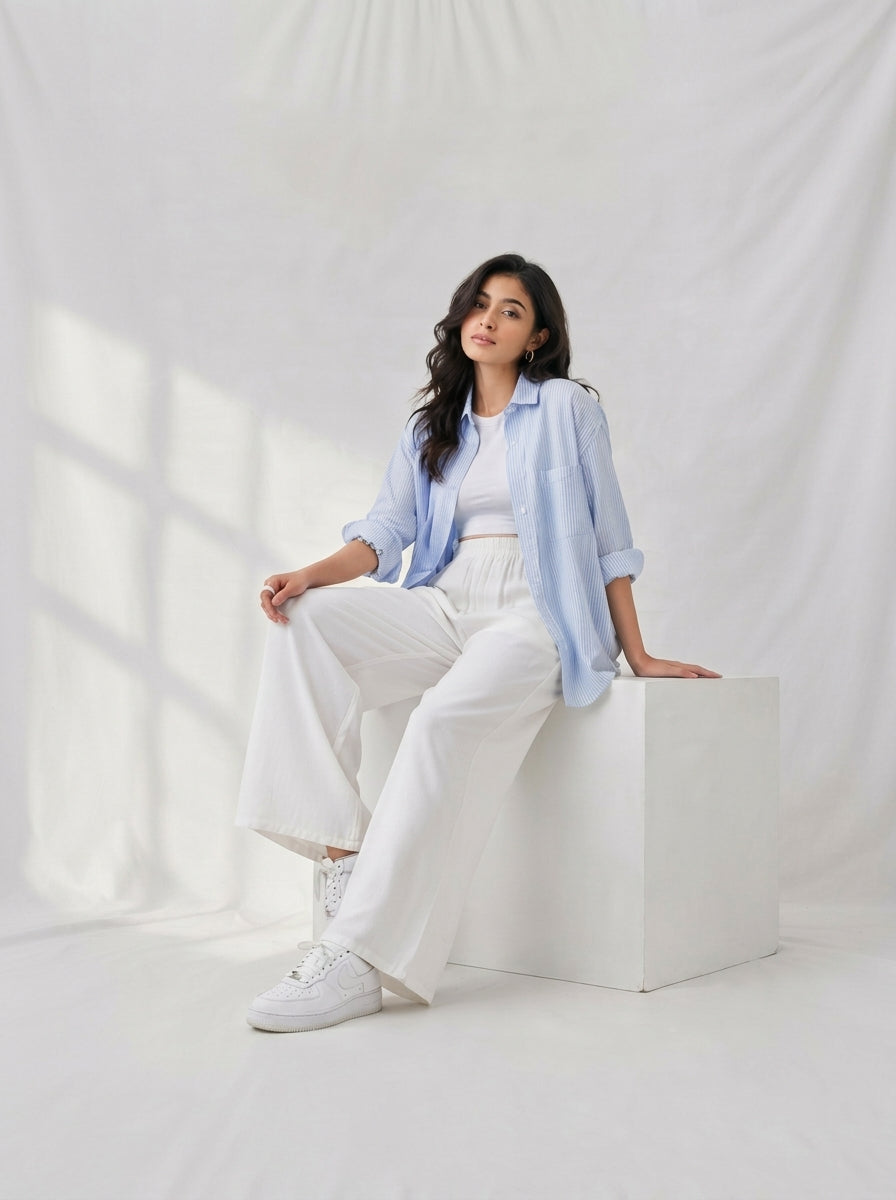 Women White Wide-Leg Cotton Palazzo Pants | Premium Relaxed Fit Loose Bottoms