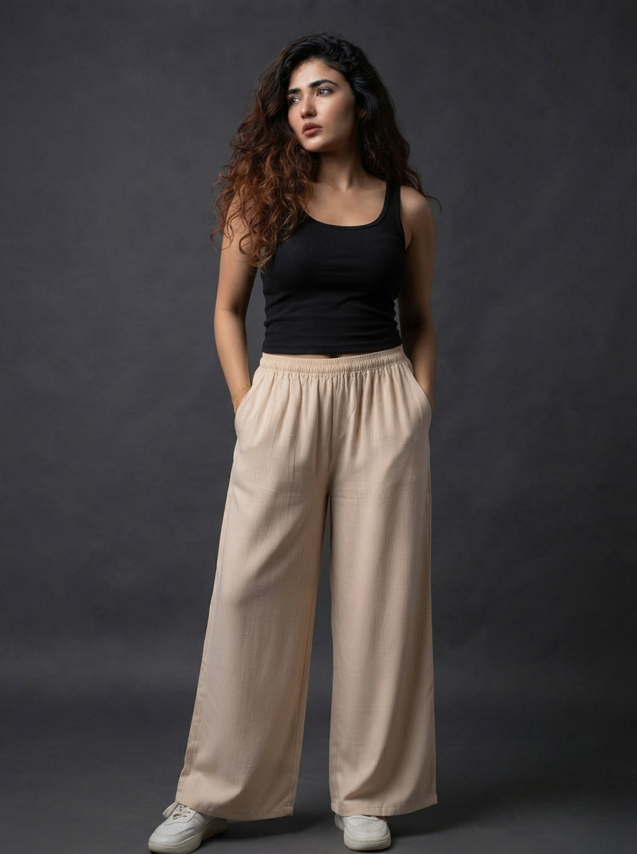 Soft Elegance (White & Beige) Women Pure Cotton Palazzo Combo | Solid White & Beige Flared Palazzo Pants Set