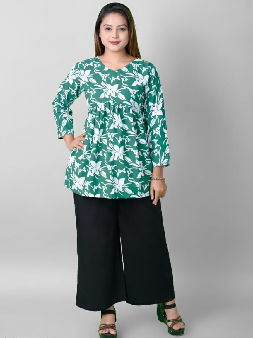 Gehra Gulmohar Women Green Printed Cotton Flared Peplum Top | 3/4 Sleeve Floral Short Kurti Tunic