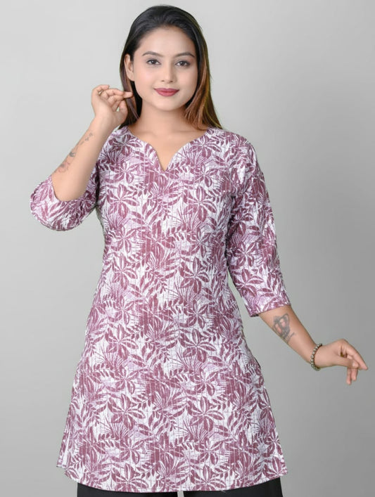 Ruhani Rang Women Mauve Purple Printed Cotton Straight Short Kurti | 3/4 Sleeve Floral Tunic Top