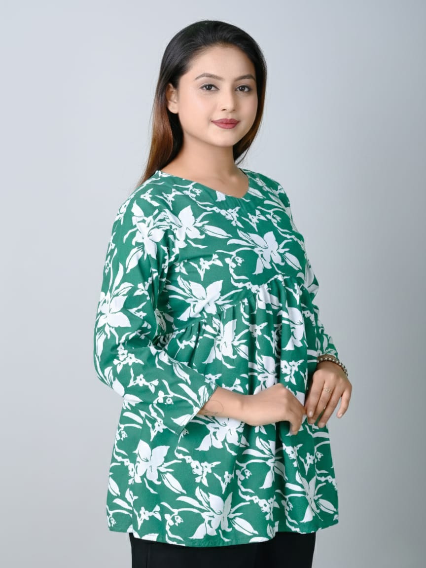 Gehra Gulmohar Women Green Printed Cotton Flared Peplum Top | 3/4 Sleeve Floral Short Kurti Tunic