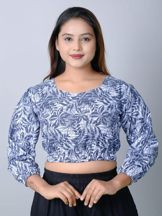 Midnight Bloom Women Indigo Blue Printed Cotton Crop Top | Puff Sleeve Crop Top