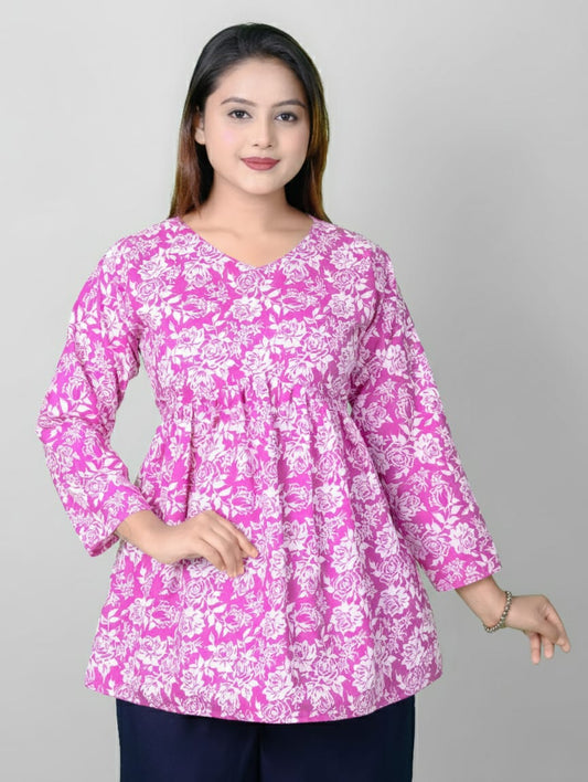 Gulabi Nazakat Women Rani Pink Printed Cotton Flared Peplum Top | 3/4 Sleeve Floral Short Kurti Tunic