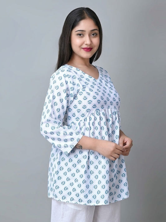 Aarika Printed Cotton Top | Women Flared Gathered Tunic Top | 3/4 Sleeve V-Neck