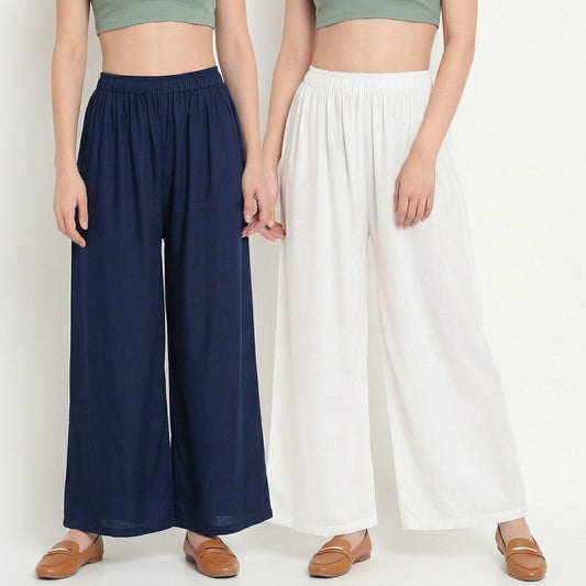 Fresh & Bright (White & Navy Blue) Women Pure Cotton Palazzo Combo | Solid White & Navy Blue Flared Palazzo Pants Set