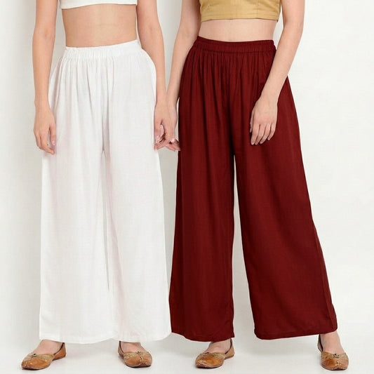 Graceful Fusion (White & Maroon) Women Pure Cotton Palazzo Combo | Solid White & Maroon Flared Palazzo Pants Set