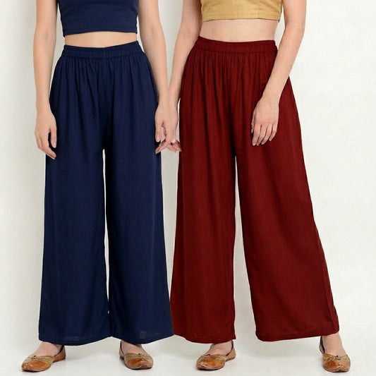 Rich Heritage Duo (Navy Blue & Maroon) Women Pure Cotton Palazzo Combo | Solid Navy Blue & Maroon Flared Palazzo Pants Set