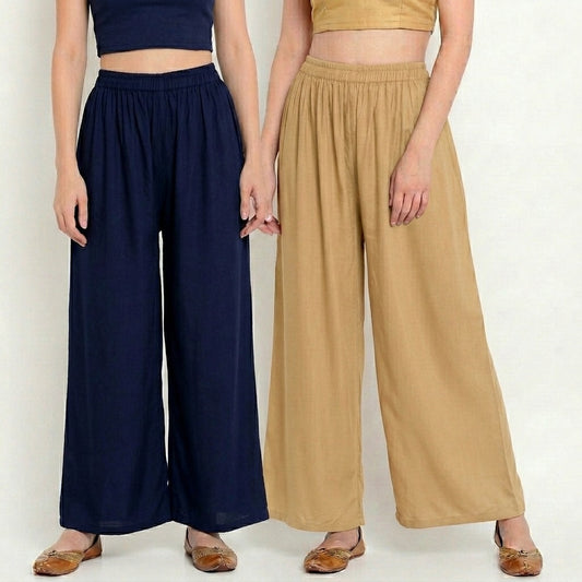 Deep Ocean & Earth (Navy Blue & Beige) Women Pure Cotton Palazzo Combo | Solid Navy Blue & Beige Flared Palazzo Pants Set