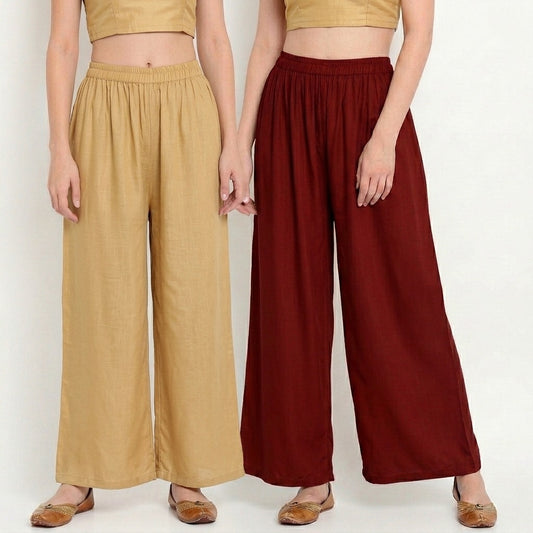 Warm Ethnic Blend (Beige & Maroon) Women Pure Cotton Palazzo Combo | Solid Beige & Maroon Flared Palazzo Pants Set
