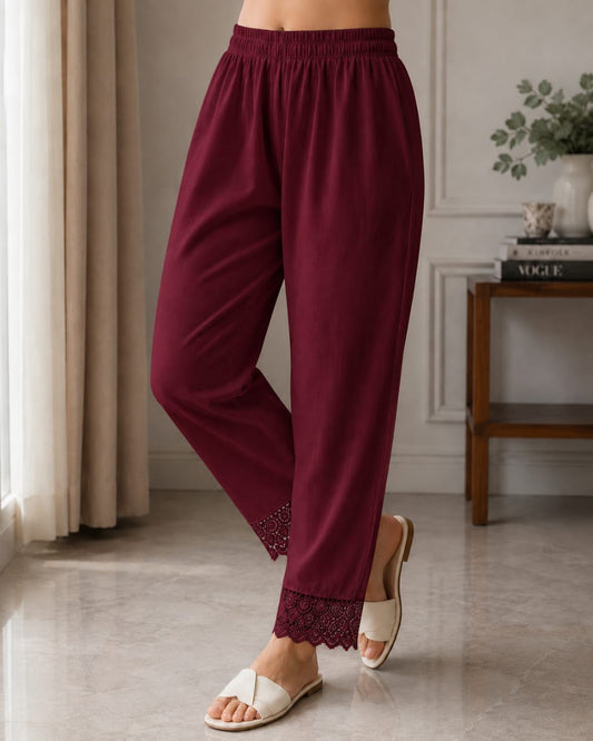 Women Maroon Cotton Flex Straight Pants with Lace Border | Stylish Solid Maroon Ethnic Bottom Wear