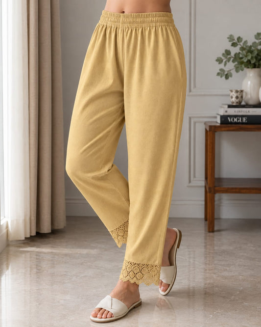Women Beige Cotton Flex Straight Pants with Lace Border | Stylish Solid Beige Ethnic Bottom Wear
