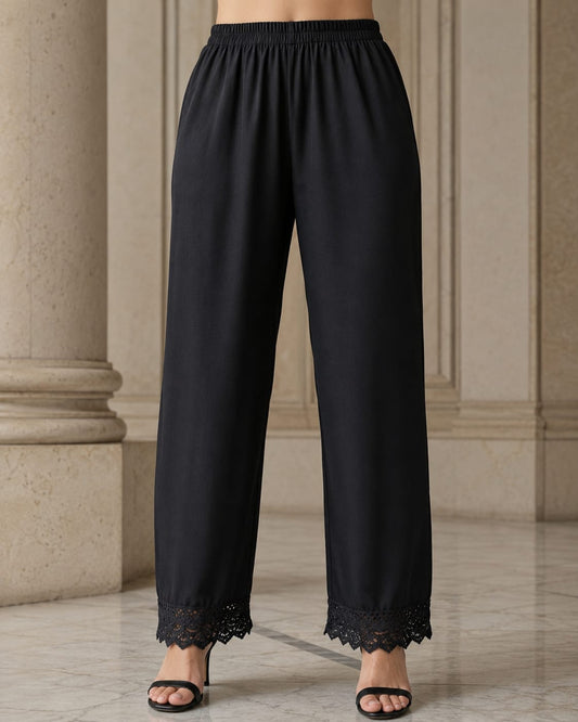 Women Black Cotton Flex Straight Pants with Lace Border | Stylish Solid Black Ethnic Bottom Wear