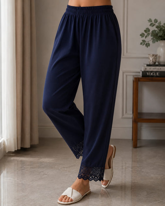 Women Navy Blue Cotton Flex Straight Pants with Lace Border | Stylish Solid Navy Blue Ethnic Bottom Wear