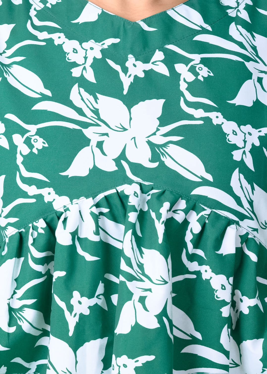 Gehra Gulmohar Women Green Printed Cotton Flared Peplum Top | 3/4 Sleeve Floral Short Kurti Tunic