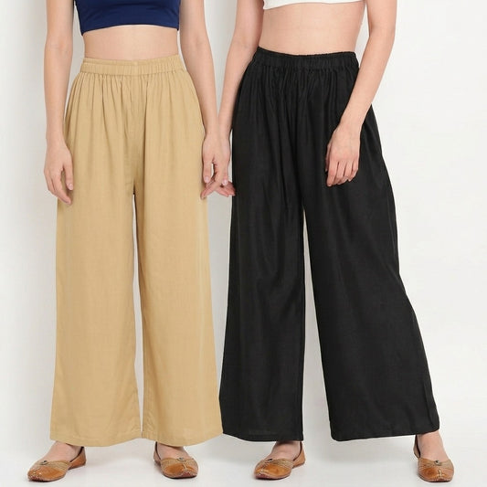 Earthy Neutral Clash (Black & Beige) Women Pure Cotton Palazzo Combo | Solid Black & Beige Flared Palazzo Pants Set
