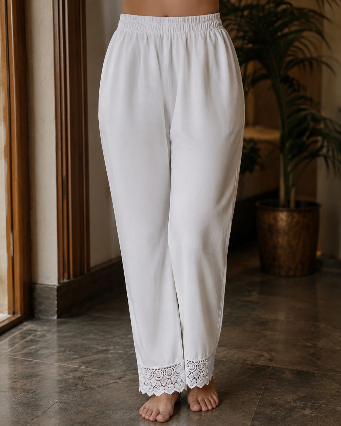 Women White Cotton Flex Straight Pants with Lace Border| Stylish Solid White Ethnic Bottom Wear