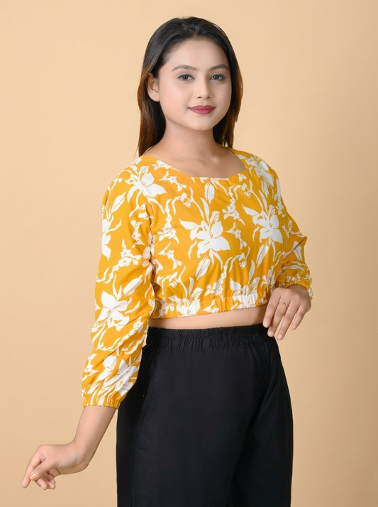 Sunehri Phool Women Mustard Yellow Printed Cotton Crop Top | Puff Sleeve Crop Top