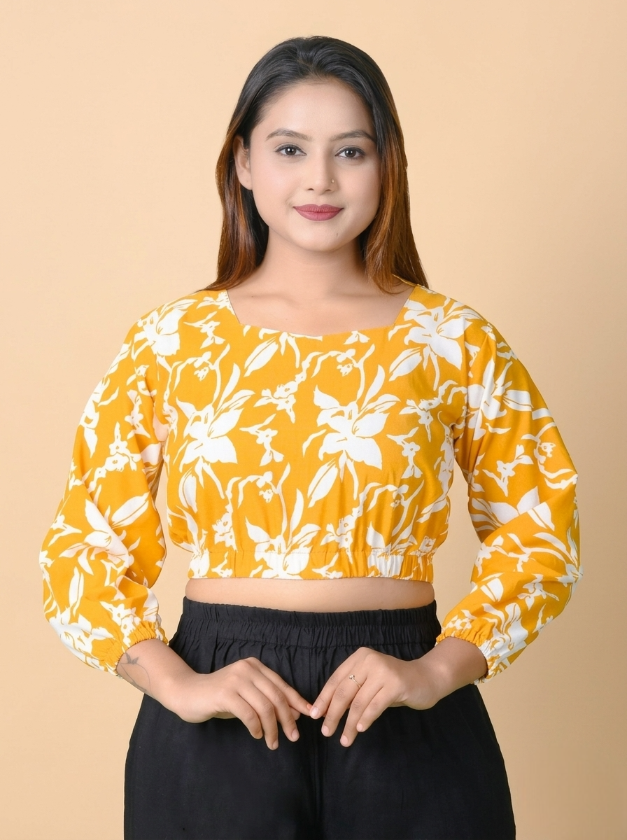 Sunehri Phool Women Mustard Yellow Printed Cotton Crop Top | Puff Sleeve Crop Top