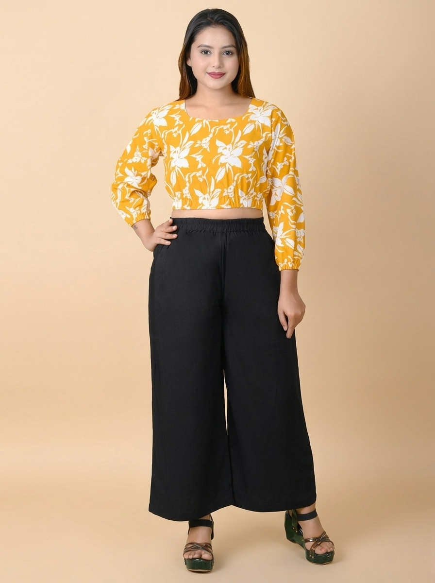 Sunehri Phool Women Mustard Yellow Printed Cotton Crop Top | Puff Sleeve Crop Top