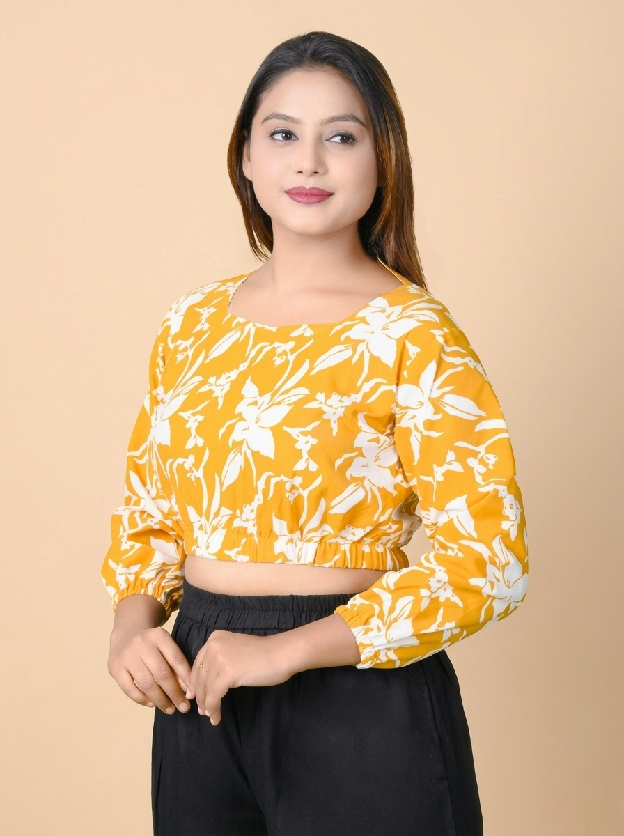 Sunehri Phool Women Mustard Yellow Printed Cotton Crop Top | Puff Sleeve Crop Top