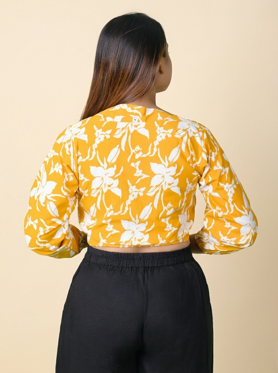 Sunehri Phool Women Mustard Yellow Printed Cotton Crop Top | Puff Sleeve Crop Top
